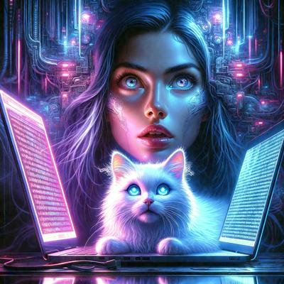 The primary subject of the image is a woman with blue eyes, who is sitting in front of a laptop. She is accompanied by a white cat, which is sitting next to her. The setting appears to be a futuristic environment, with the woman and the cat being the main focus of the scene. The visual style of the image is digital art, with the woman and the cat being depicted in a vibrant and colorful manner. The dominant colors in the image are blue and white, creating a calm and serene atmosphere.